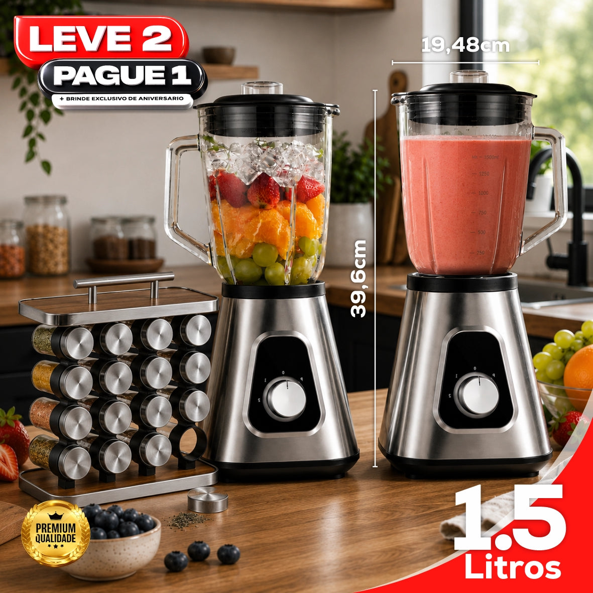 Liquidificador Multiuso 5 em 1 Com 2 Jarras de Vidro + BRINDE Porta Tempero Vertical 16 Potes - COMPRE 1 LEVE 2