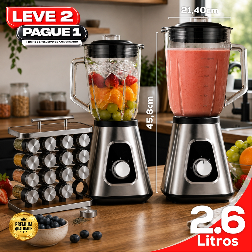 Liquidificador Multiuso 5 em 1 Com 2 Jarras de Vidro + BRINDE Porta Tempero Vertical 16 Potes - COMPRE 1 LEVE 2