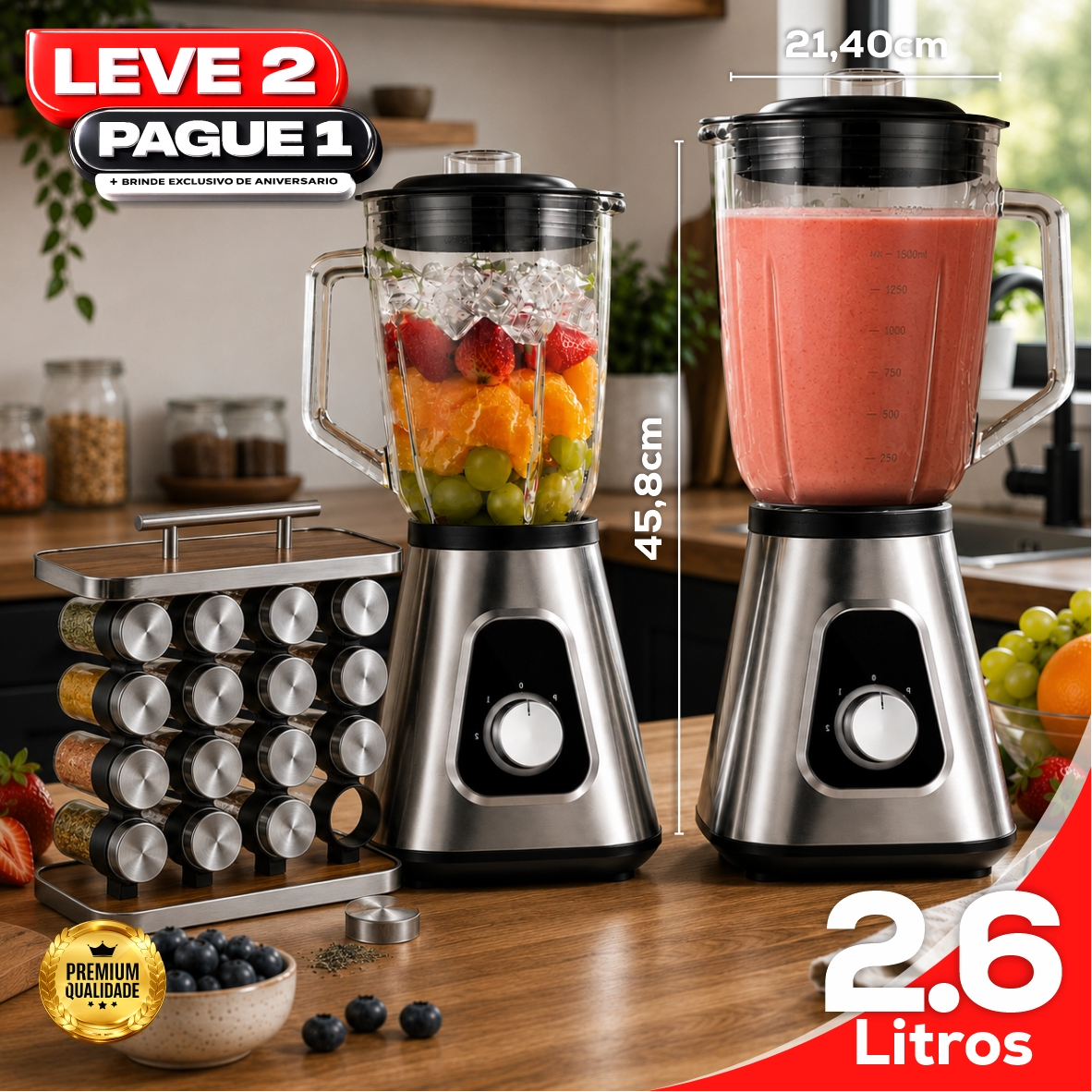Liquidificador Multiuso 5 em 1 Com 2 Jarras de Vidro + BRINDE Porta Tempero Vertical 16 Potes - COMPRE 1 LEVE 2