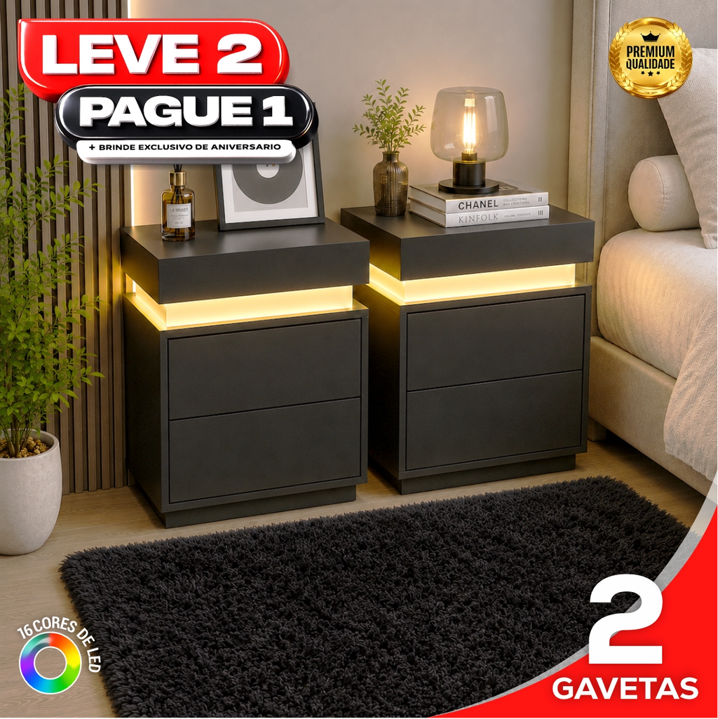 Gaveteiro Inteligente Led Multifuncional c/ Carregador + BRINDE: Tapete Peluciado de 122x183cm - COMPRE 1 LEVE 2