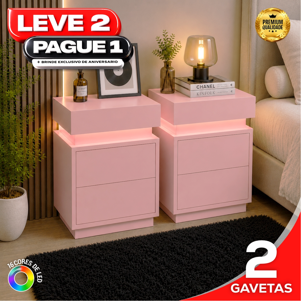 Gaveteiro Inteligente Led Multifuncional c/ Carregador + BRINDE: Tapete Peluciado de 122x183cm - COMPRE 1 LEVE 2