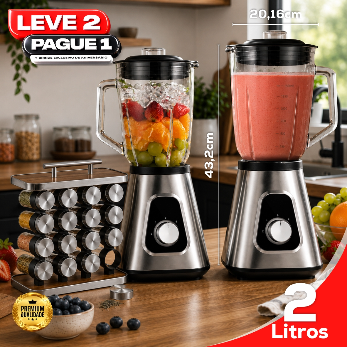 Liquidificador Multiuso 5 em 1 Com 2 Jarras de Vidro + BRINDE Porta Tempero Vertical 16 Potes - COMPRE 1 LEVE 2