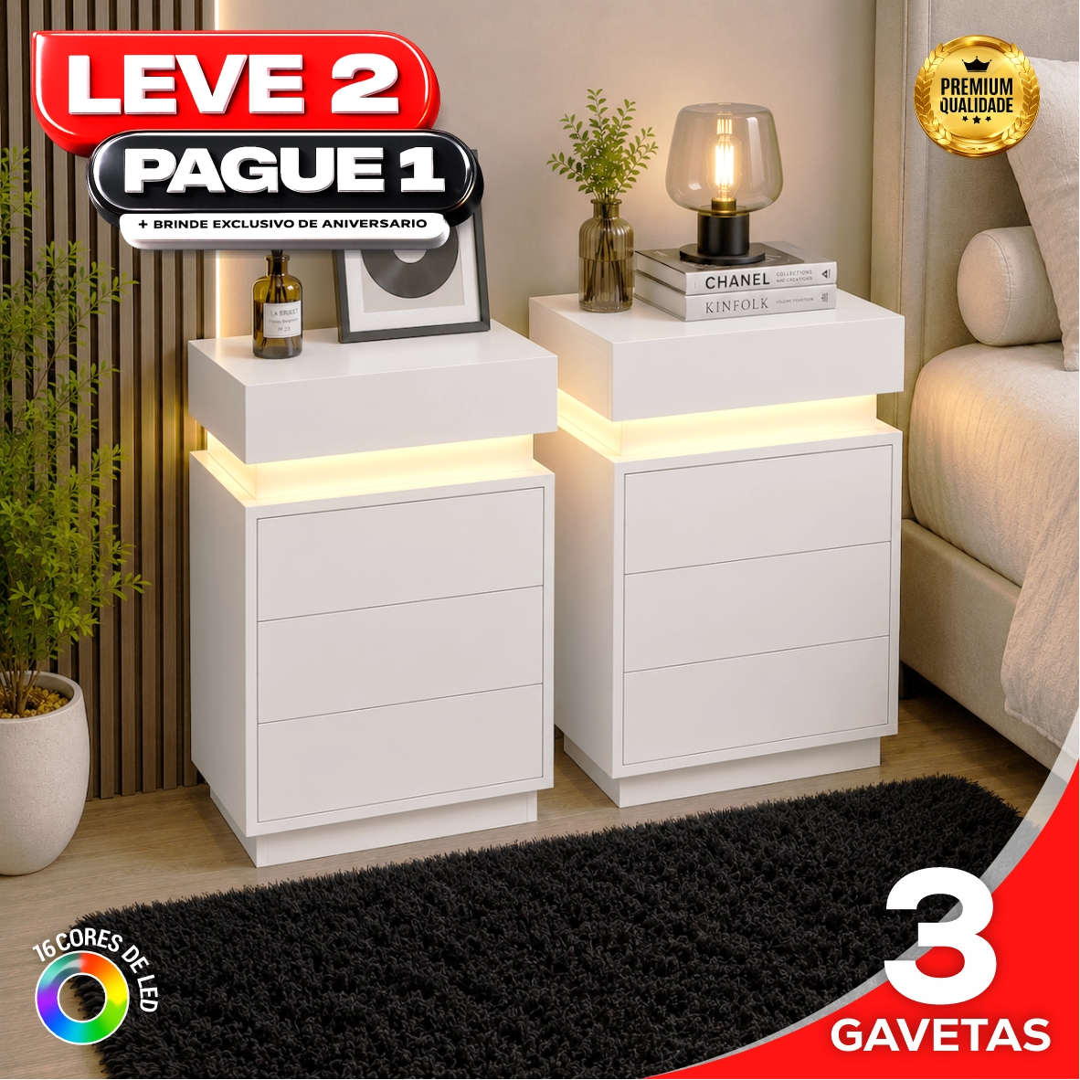Gaveteiro Inteligente Led Multifuncional c/ Carregador + BRINDE: Tapete Peluciado de 122x183cm - COMPRE 1 LEVE 2