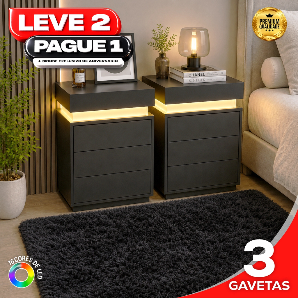 Gaveteiro Inteligente Led Multifuncional c/ Carregador + BRINDE: Tapete Peluciado de 122x183cm - COMPRE 1 LEVE 2