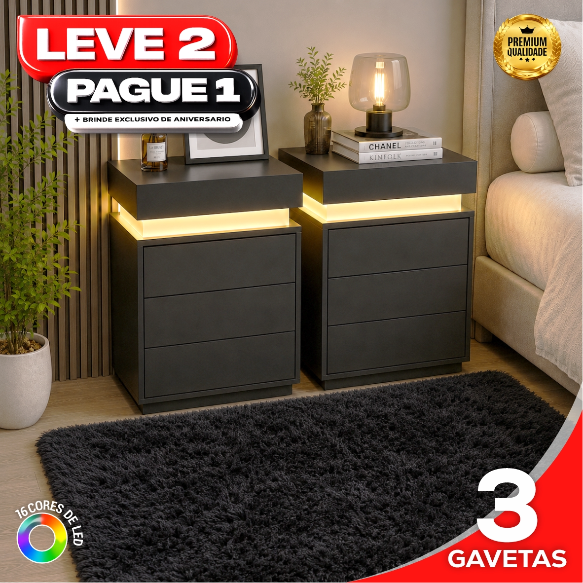 Gaveteiro Inteligente Led Multifuncional c/ Carregador + BRINDE: Tapete Peluciado de 122x183cm - COMPRE 1 LEVE 2
