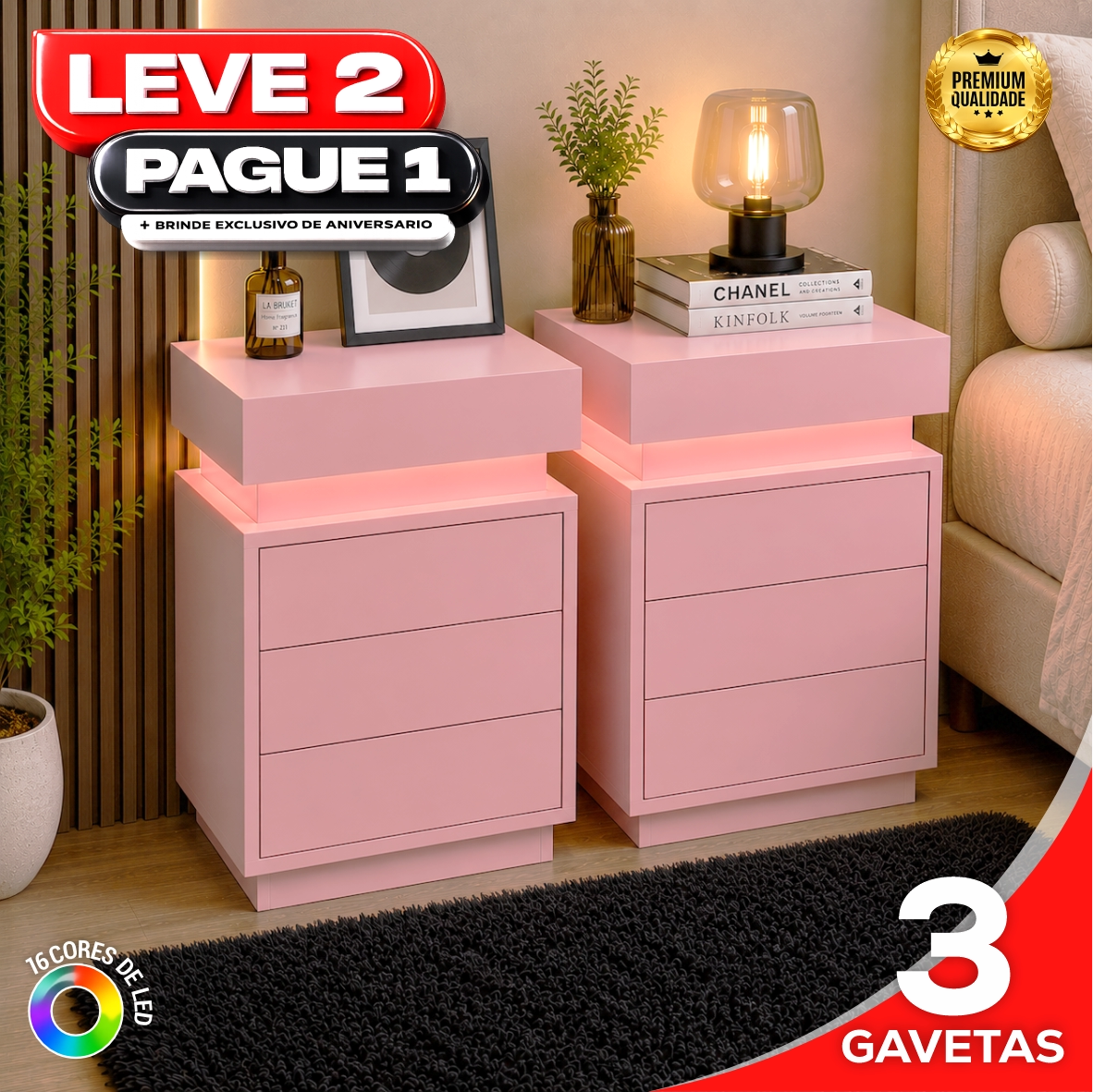 Gaveteiro Inteligente Led Multifuncional c/ Carregador + BRINDE: Tapete Peluciado de 122x183cm - COMPRE 1 LEVE 2