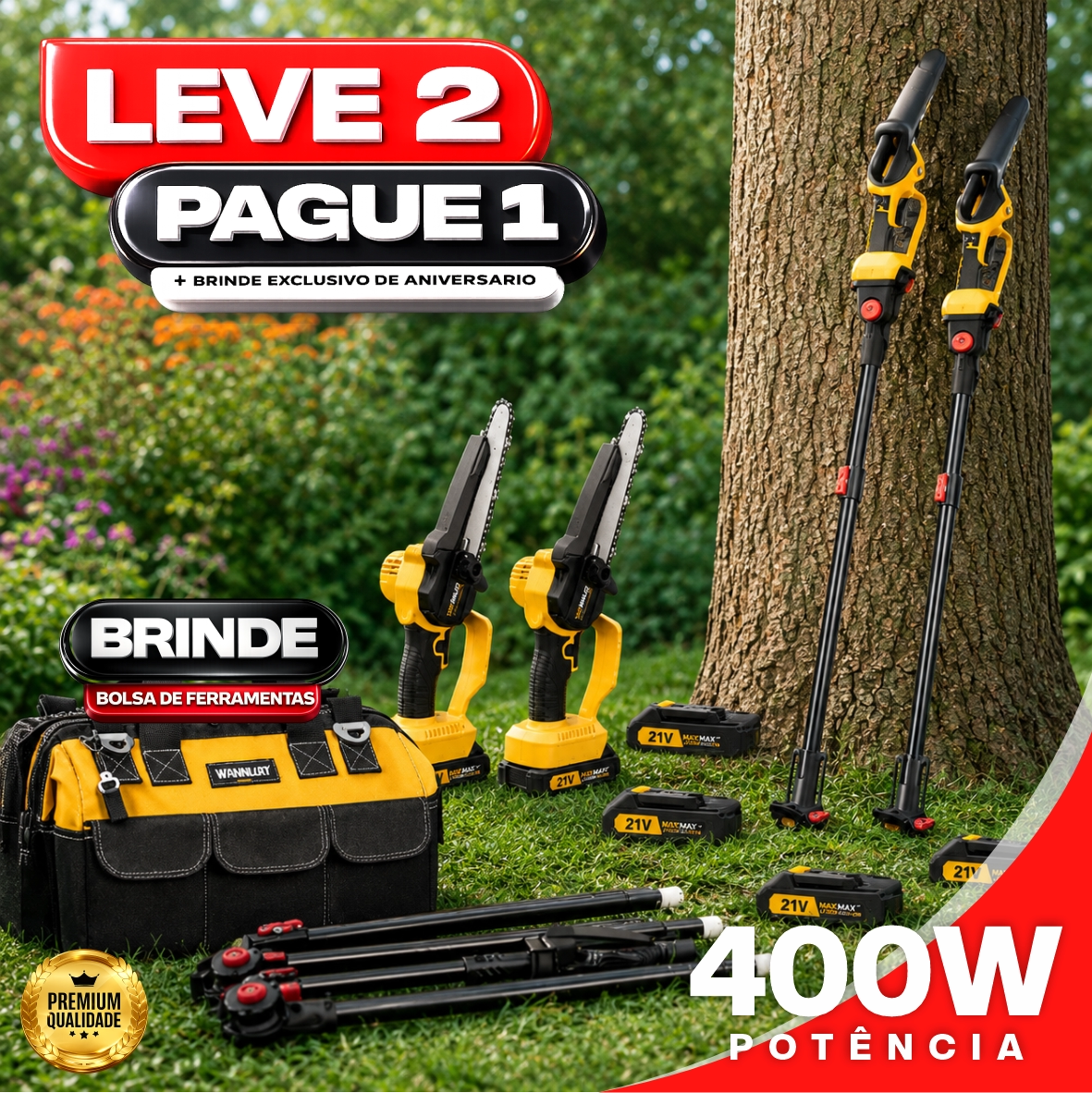 Motosserra Elétrica Com 4 Baterias 21v Bivolt + BRINDE Bolsa de Ferramentas Multiuso - COMPRE 1 LEVE 2