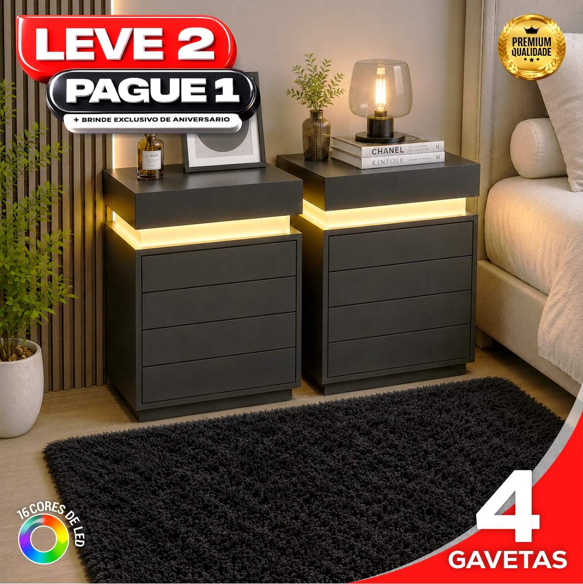 Gaveteiro Inteligente Led Multifuncional c/ Carregador + BRINDE: Tapete Peluciado de 122x183cm - COMPRE 1 LEVE 2