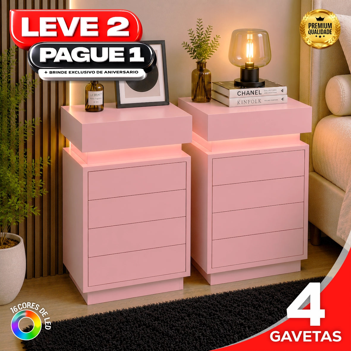 Gaveteiro Inteligente Led Multifuncional c/ Carregador + BRINDE: Tapete Peluciado de 122x183cm - COMPRE 1 LEVE 2