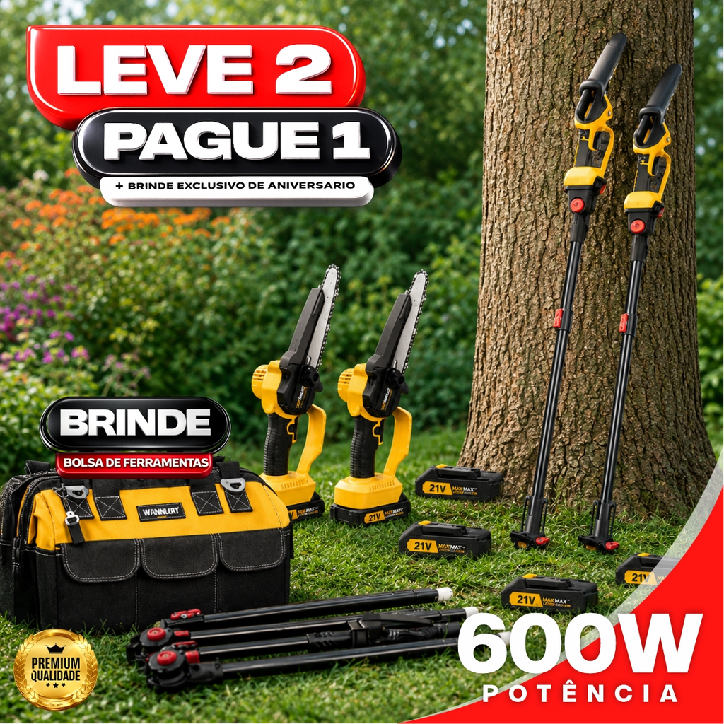 Motosserra Elétrica Com 4 Baterias 21v Bivolt + BRINDE Bolsa de Ferramentas Multiuso - COMPRE 1 LEVE 2