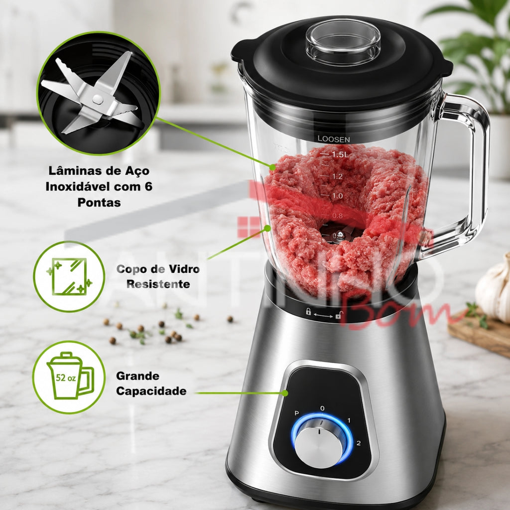 Liquidificador Multiuso 5 em 1 Com 2 Jarras de Vidro + BRINDE Porta Tempero Vertical 16 Potes - COMPRE 1 LEVE 2