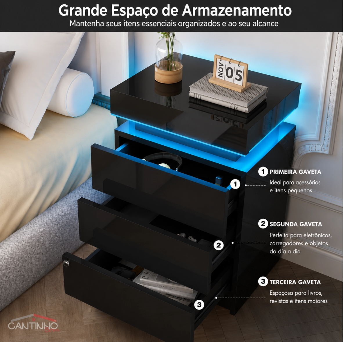 Gaveteiro Inteligente Led Multifuncional c/ Carregador + BRINDE: Tapete Peluciado de 122x183cm - COMPRE 1 LEVE 2