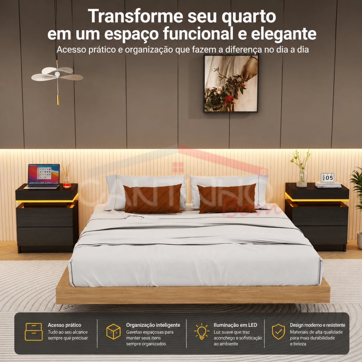 Gaveteiro Inteligente Led Multifuncional c/ Carregador + BRINDE: Tapete Peluciado de 122x183cm - COMPRE 1 LEVE 2