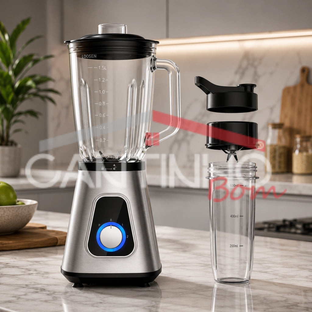 Liquidificador Multiuso 5 em 1 Com 2 Jarras de Vidro + BRINDE Porta Tempero Vertical 16 Potes - COMPRE 1 LEVE 2
