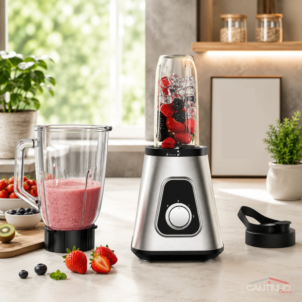 Liquidificador Multiuso 5 em 1 Com 2 Jarras de Vidro + BRINDE Porta Tempero Vertical 16 Potes - COMPRE 1 LEVE 2