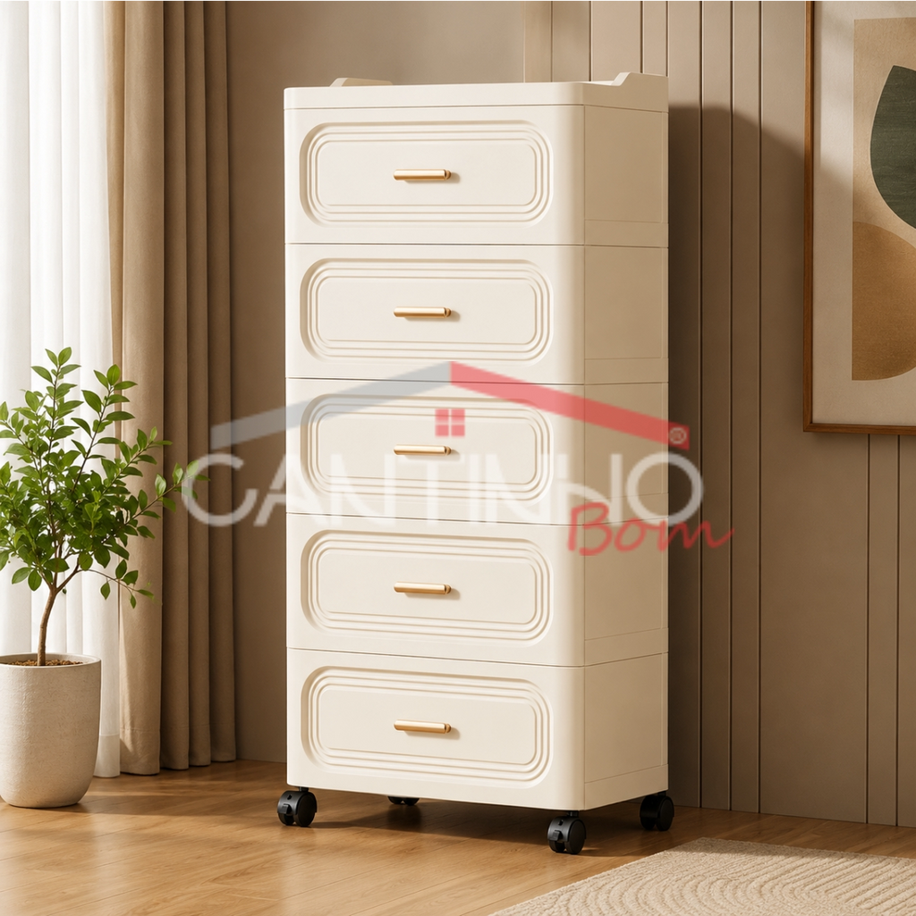 Gaveteiro Multiuso com Rodinhas OrganizaMax™ + BRINDE: Cesto De Roupa em Bambu - COMPRE 1 LEVE 2