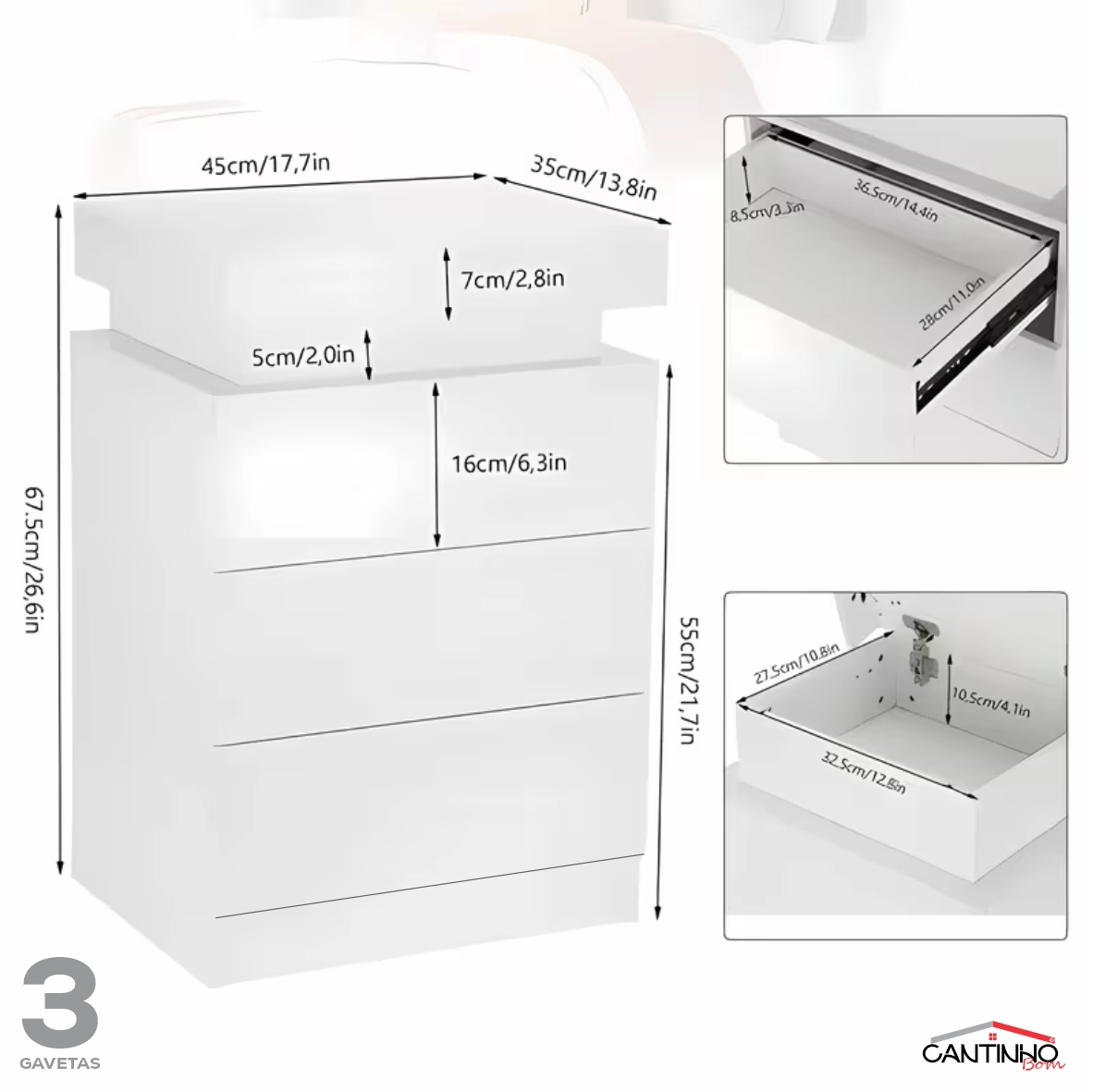 Gaveteiro Inteligente Led Multifuncional c/ Carregador + BRINDE: Tapete Peluciado de 122x183cm - COMPRE 1 LEVE 2