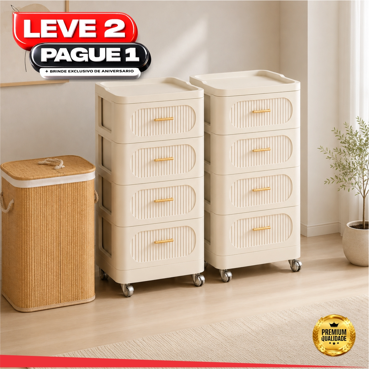 Gaveteiro Multiuso com Rodinhas OrganizaMax™ + BRINDE: Cesto De Roupa em Bambu - COMPRE 1 LEVE 2