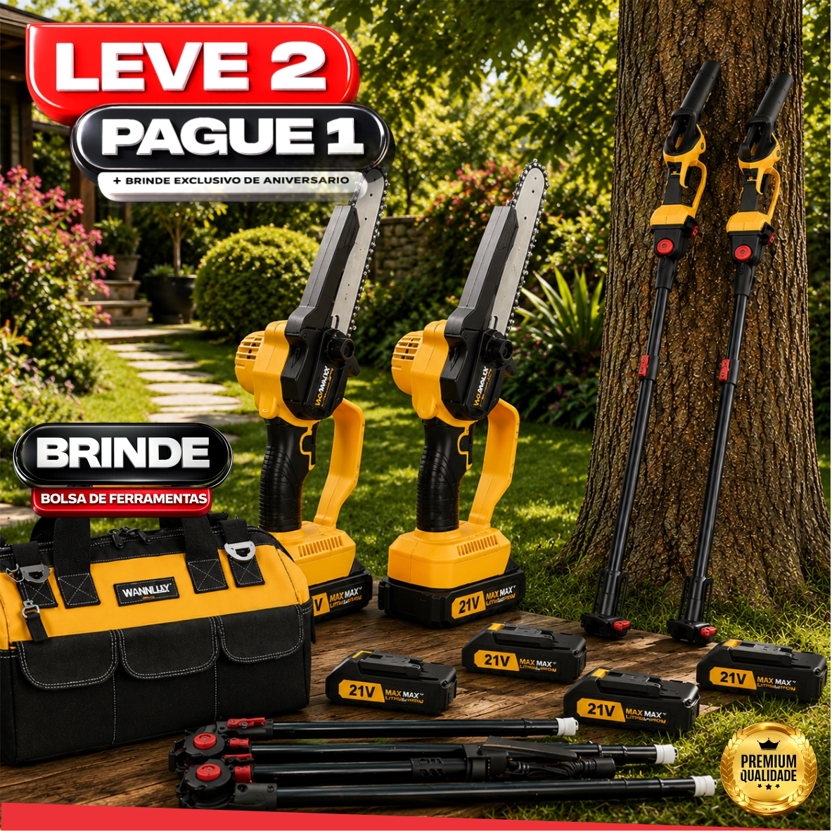 Motosserra Elétrica Com 4 Baterias 21v Bivolt + BRINDE Bolsa de Ferramentas Multiuso - COMPRE 1 LEVE 2