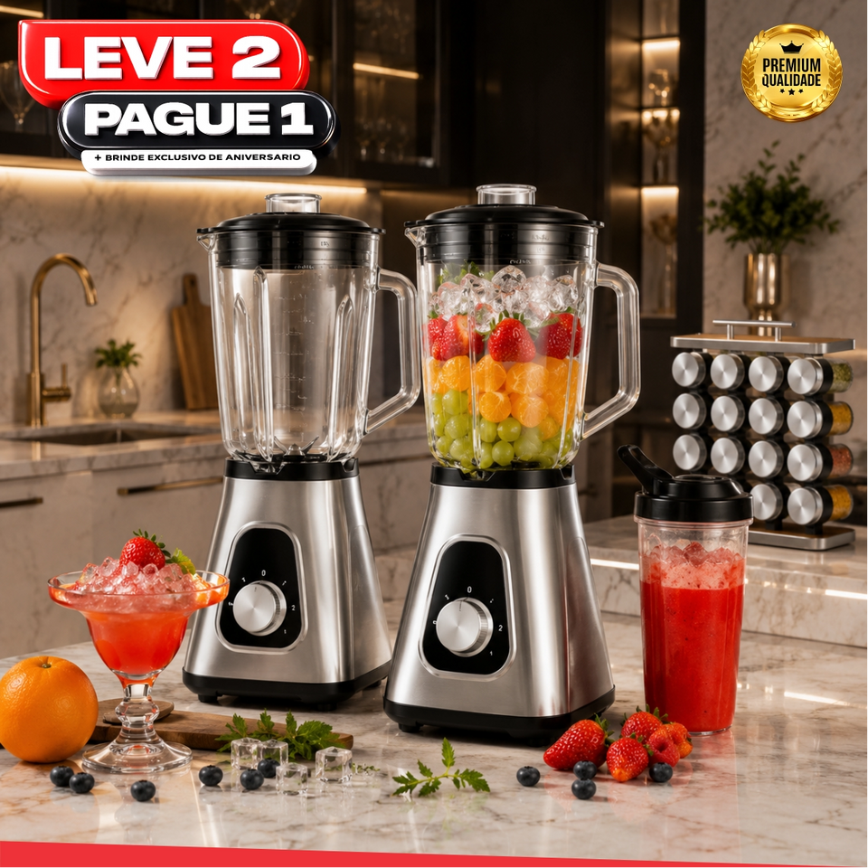 Liquidificador Multiuso 5 em 1 Com 2 Jarras de Vidro + BRINDE Porta Tempero Vertical 16 Potes - COMPRE 1 LEVE 2